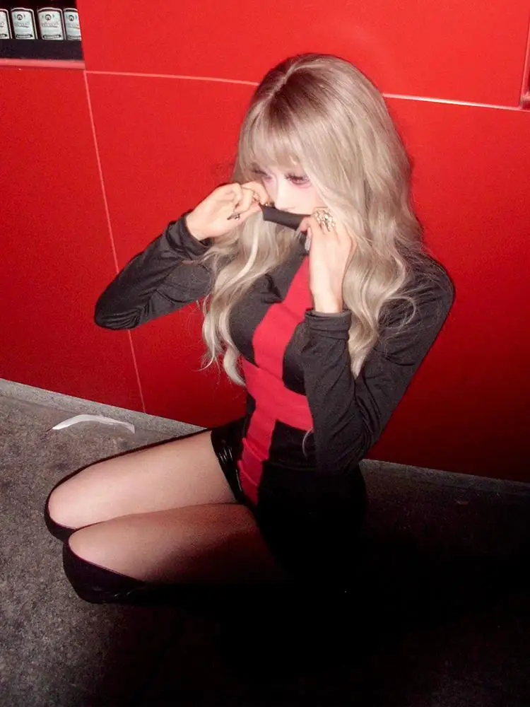 AltGoth Dark Gothic Y2k T-shirt Women Emo Alternative Cyber Punk Streetwear Red Cross Print Long Sleeve Turtleneck Crop Tee Tops