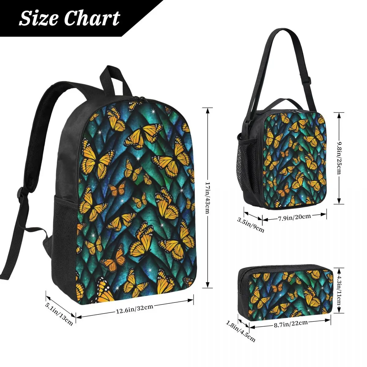 Fantasy Butterfly Dragon! Backpack Boys Girls BookBag School Bag Computer Shoulder Bags 3ps Insulated Lunch Bag Pencil Case