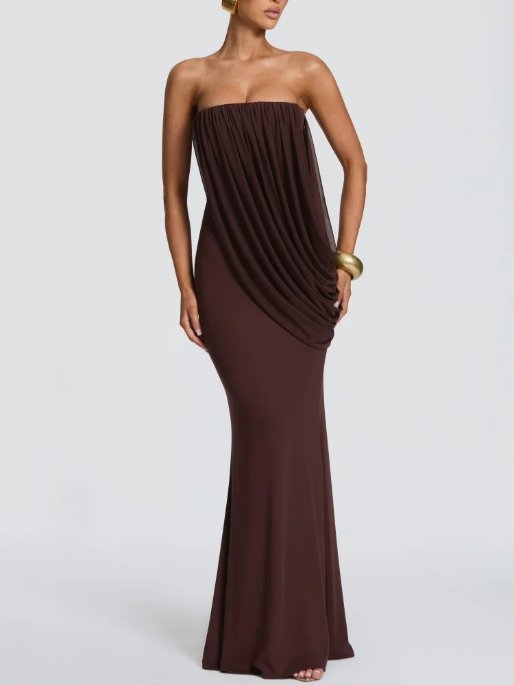 Strapless Draped Mermaid Maxi Dress Women Ruched Bodycon Evening Gown Elegant Formal Party Wedding Guest Long Dress - view 4