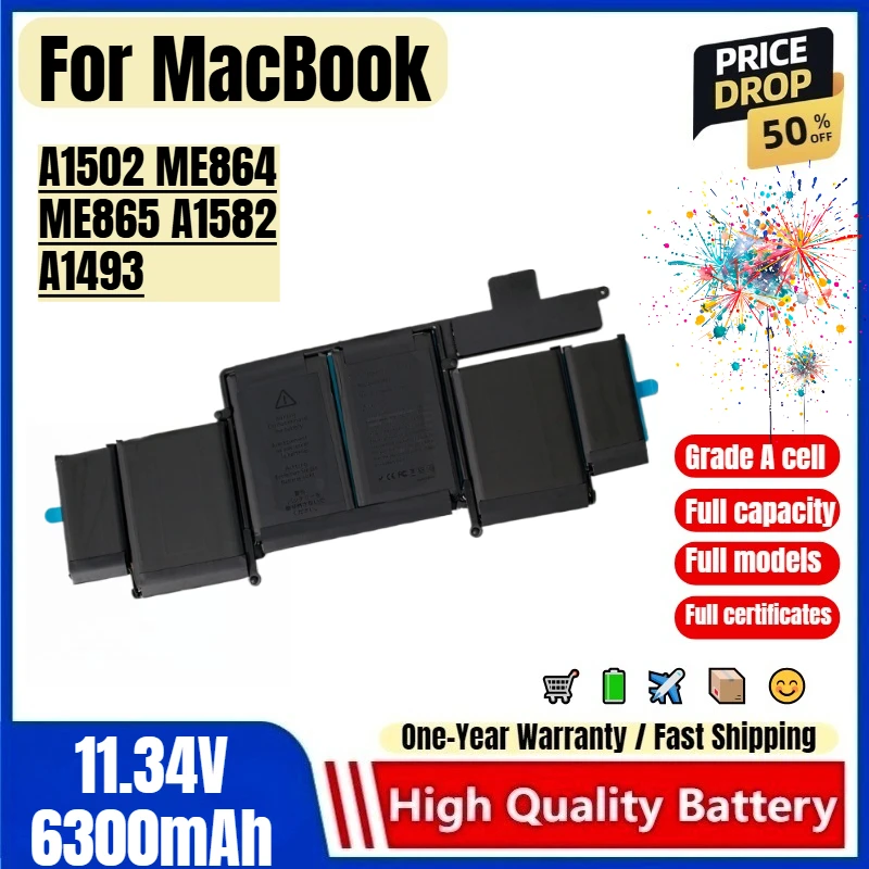 For MacBook PRO Retina A1502 ME864 ME865 A1582 A1493 Laptop Battery 0 Cycle High Quality  Capacity Battery Replacement Bateria
