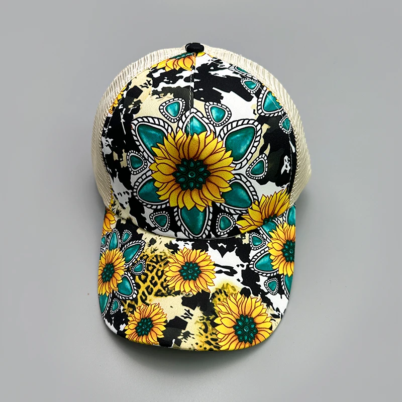 Sombreros de béisbol con estampado de crisantemo y girasol para mujer, sombrilla transpirable con cola de caballo entrecruzada, gorras de media