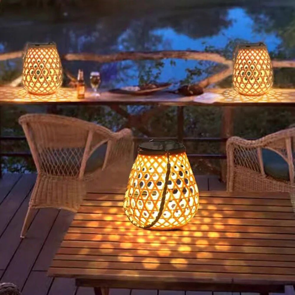 Outdoor Solar Lantern Lights Waterproof Hanging Imitation Bamboo Weaving Hollowed Table Lamp Decoration For Garden Patio