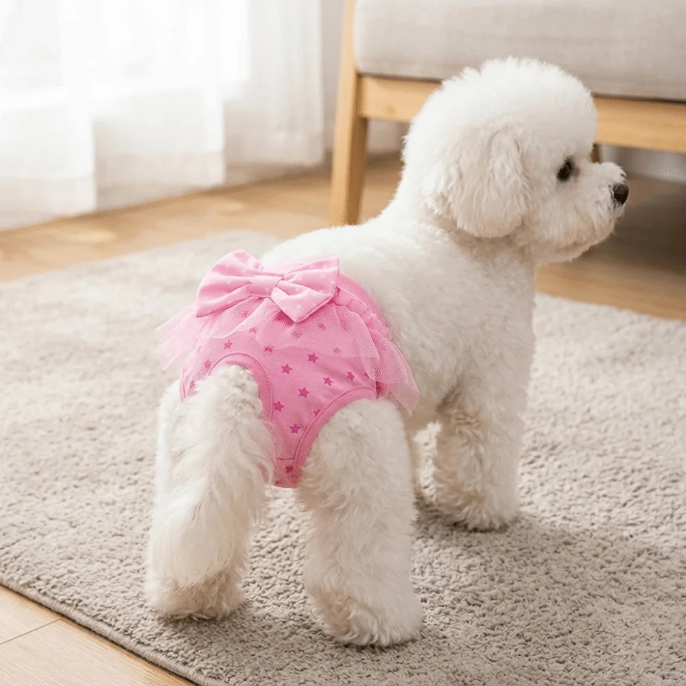 Pink Tone Pet Sanitary Pant Lace Trim Elastic Waist Dog Period Underwear Bow Decor Multi Sizes Female Dog Nappy Pet Outdoor Walk