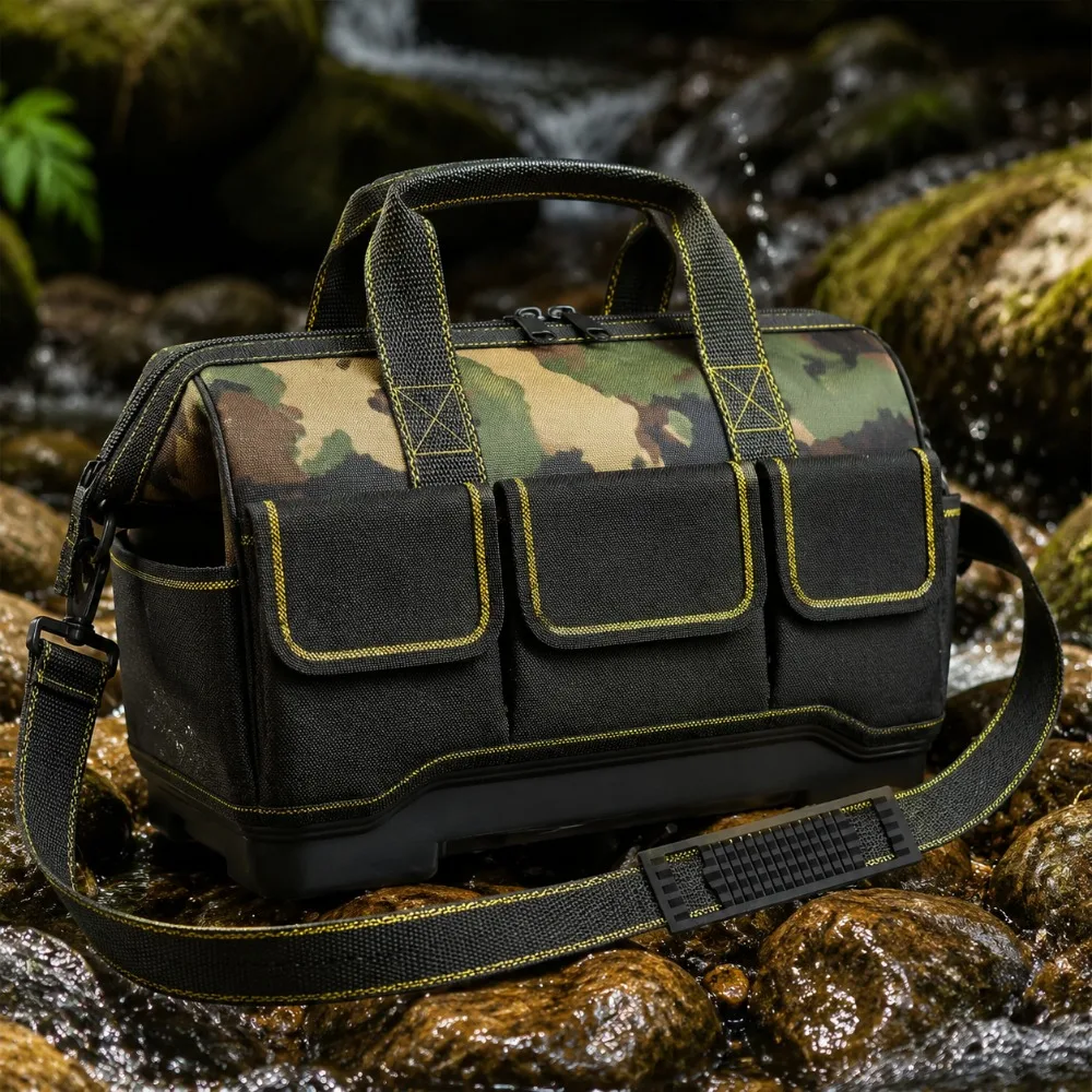 Waterproof Electrician Tool Pouch Organizer Bag with Plastic Bottom Shoulder Strap Multiple Pockets Tool Storage Carry Bag