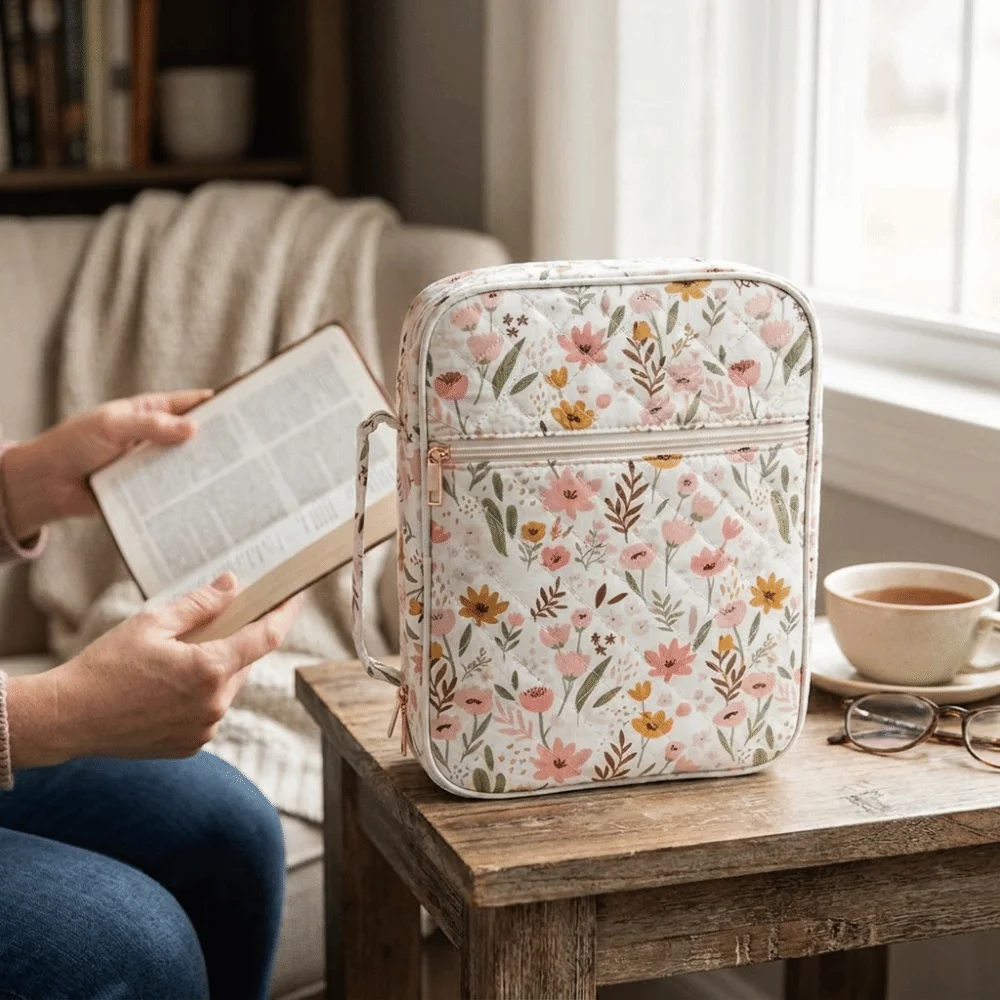 Dustproof Book Storage Bag Quilted Cotton Large Capacity Book Bag Floral Print Interior Organizer Pockets Book Pouch