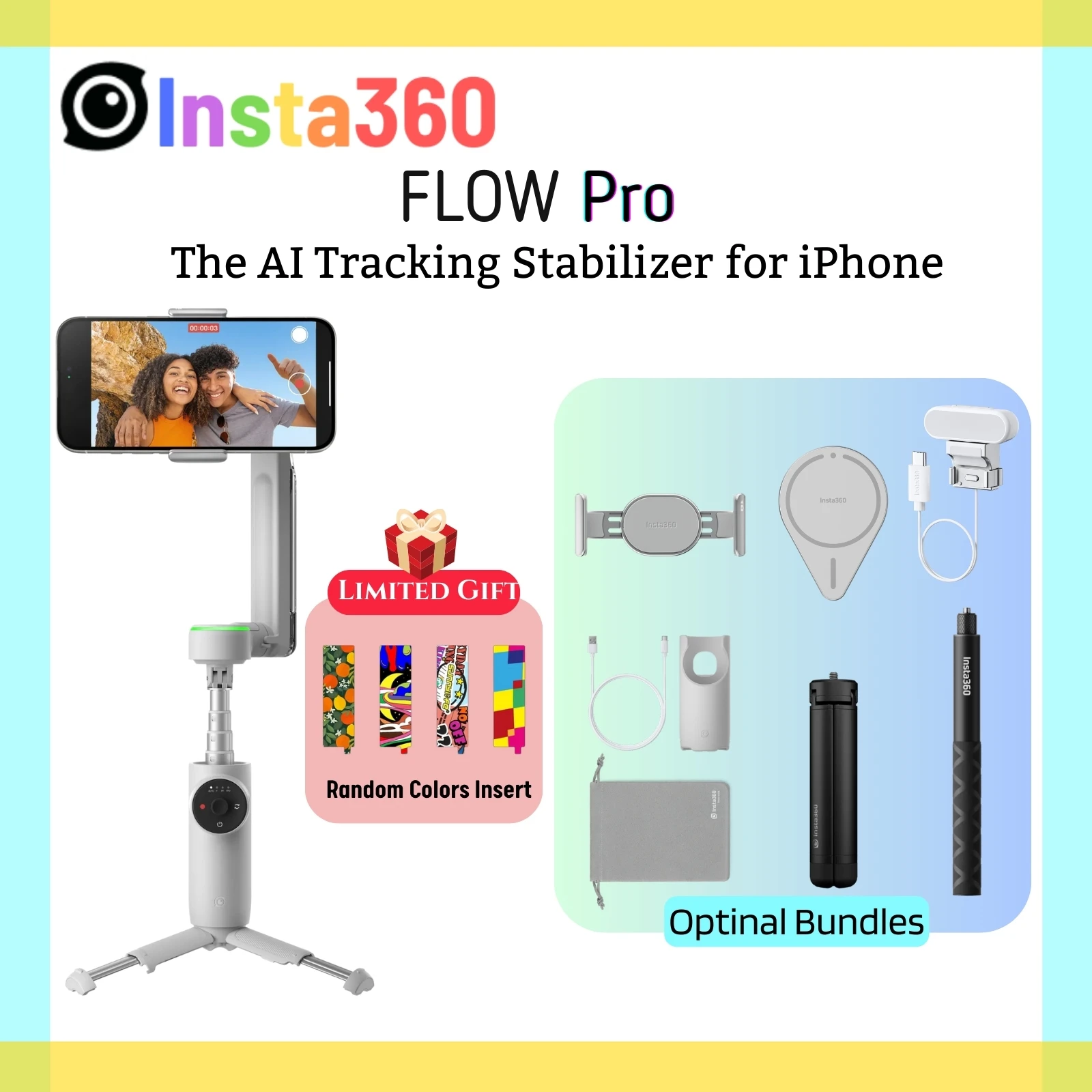 

Insta360 Flow Pro Handheld Stabilizer 3-Axis Gimbal Deep 360 Pan AI Track 3.0 Apple DockKit iPhone MagSafe Insta 360 Flowpro