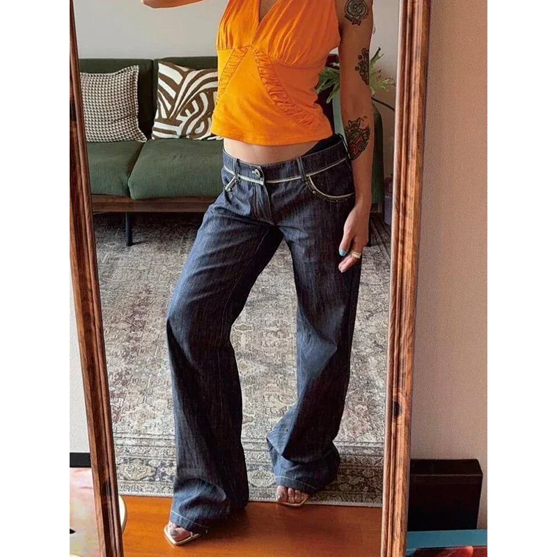 المرأة خمر الأزرق متوهج الجينز 2000s شارع العليا الدنيم السراويل Y2k Harajuku جرس أسفل الدانتيل المرقعة جيب بناطيل كاجوال #1