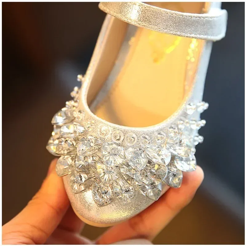 Girls Crystal Shiny Princess Shoes Kids Sweet Flats Performance Shoes Fashion Children\'s Leather Shoes for Party Wedding