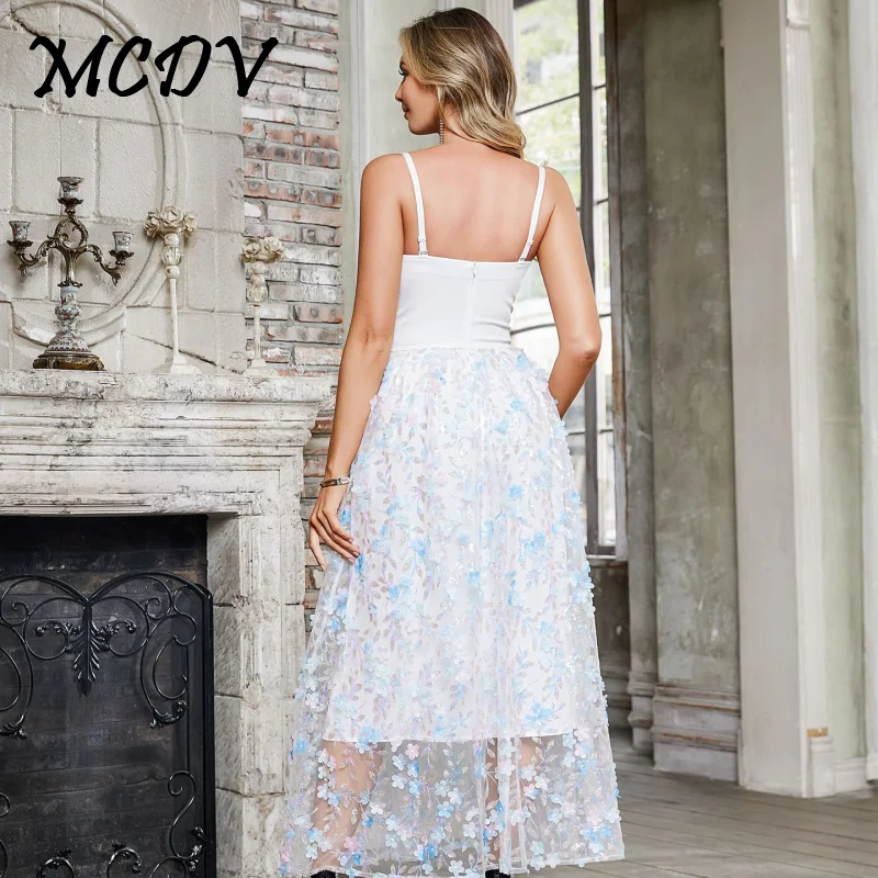 White Sexy Appliques Fishbone Chiffon Formal Dress Women Sleeveless Strap Long Dress Flower Embroidery Party Ball Gown 2024 New