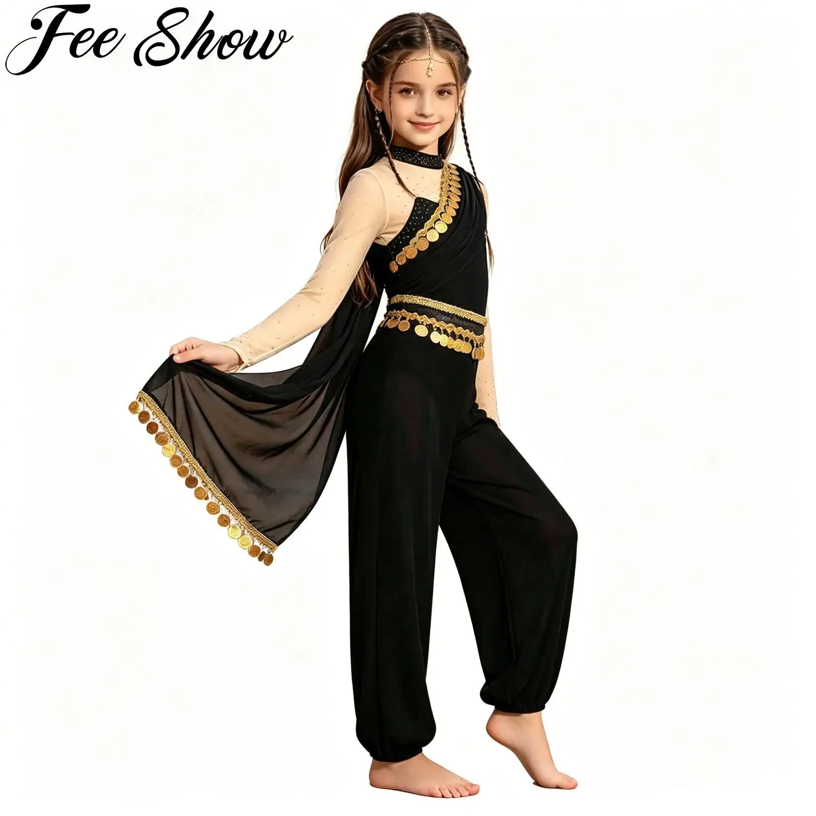 Teen Girls Indian Arabian Princess Costume Long Sleeve Sequins Tassels Drapey Jumpsuit Halloween Carnival Belly Dance Bodysuit