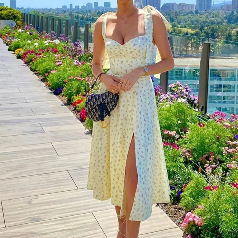 2024 New Women's Fashion Lace Up Floral Printed Backless Split Dress Temperament Commuting Summer Sweet High Waist Women Dresses