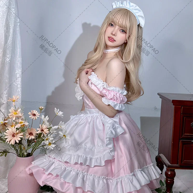 Lolita Abito rosa da donna Party Princess Coffee Maid Ruffles Costumi cosplay anime Kawaii giapponese Cameriera di Halloween Gioco di ruolo