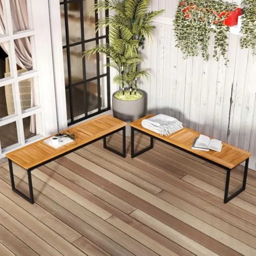 Patio Dining Bench Set of 2, 2-3-person Backless Bench with Slatted Seat and Metal Legs, Indoor Outdoor Bench for Entryway, Fro
