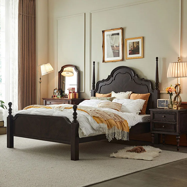 

fdHigh Quality Classic Solid Wood Bed Set with Ornate Headboard Nightstands for Bedroom Luxury Traditional Home Furnishing&