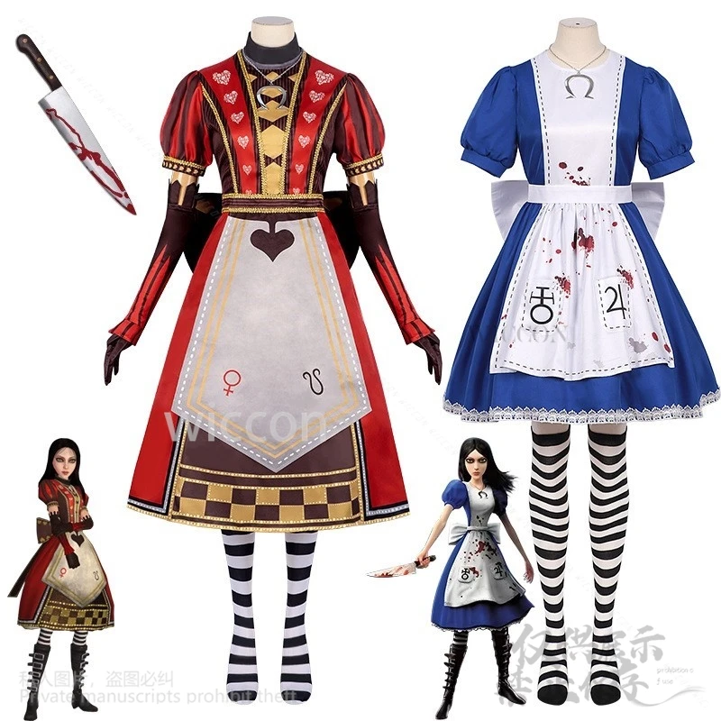 Anime jogo alicee princesa vestido cosplay traje loucura empregada avental lolita perucas adereços para mulheres meninas festa de halloween personalizado