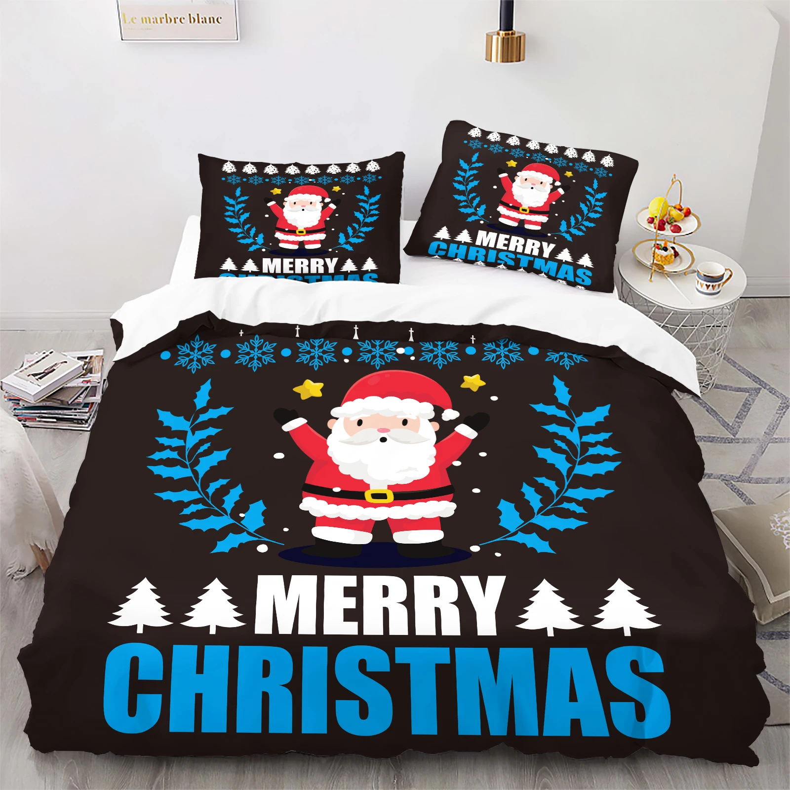 Festive Santa Duvet Set with Blue Holly & Snowflakes. Cozy Holiday Bedding for Christmas Decor