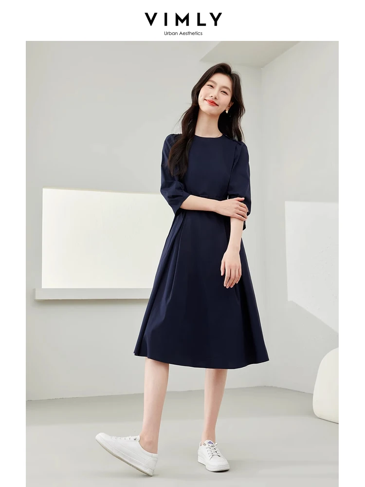 Vimly Cotton Simple Three Quarter Sleeve Dress Woman 2024 Spring Round Neck Puff Sleeves Belt Waisted Loose A-line Dresses M6193