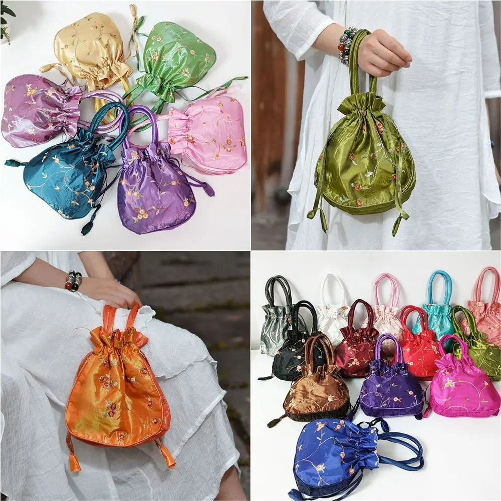 Retro Embroidery Silk Drawstrings Handbags Flower Storage Bags Women Purse Wallets Casual Money Bag Cosmetic Bag Jewerly Packing