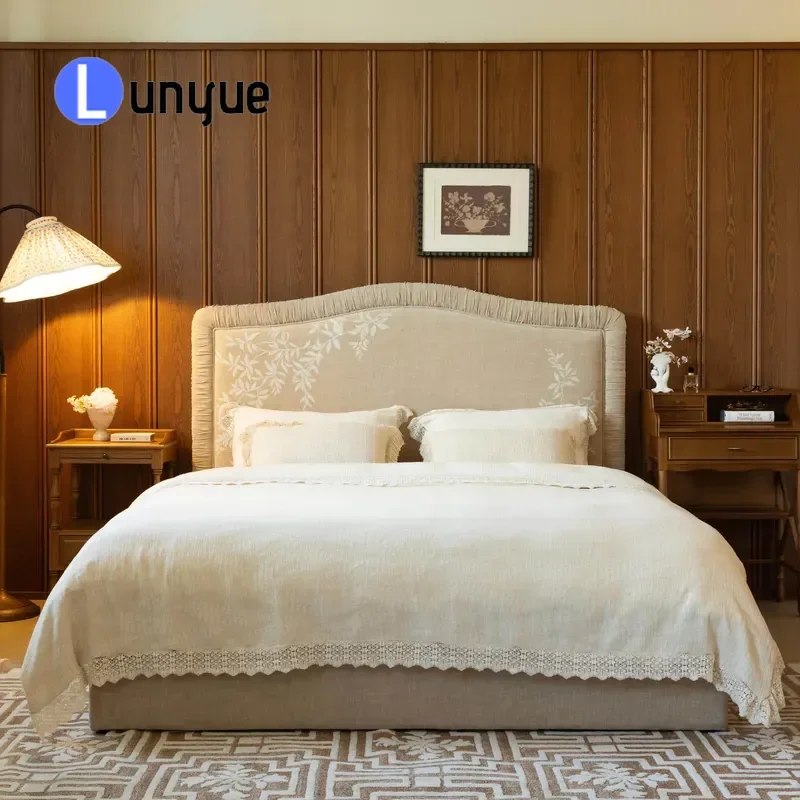 French Romantic Stone Embroidery Upholstered Bed Eco-friendly Pine Wood Frame Comfortable Soft Retro Cream Bedroom Furniture
