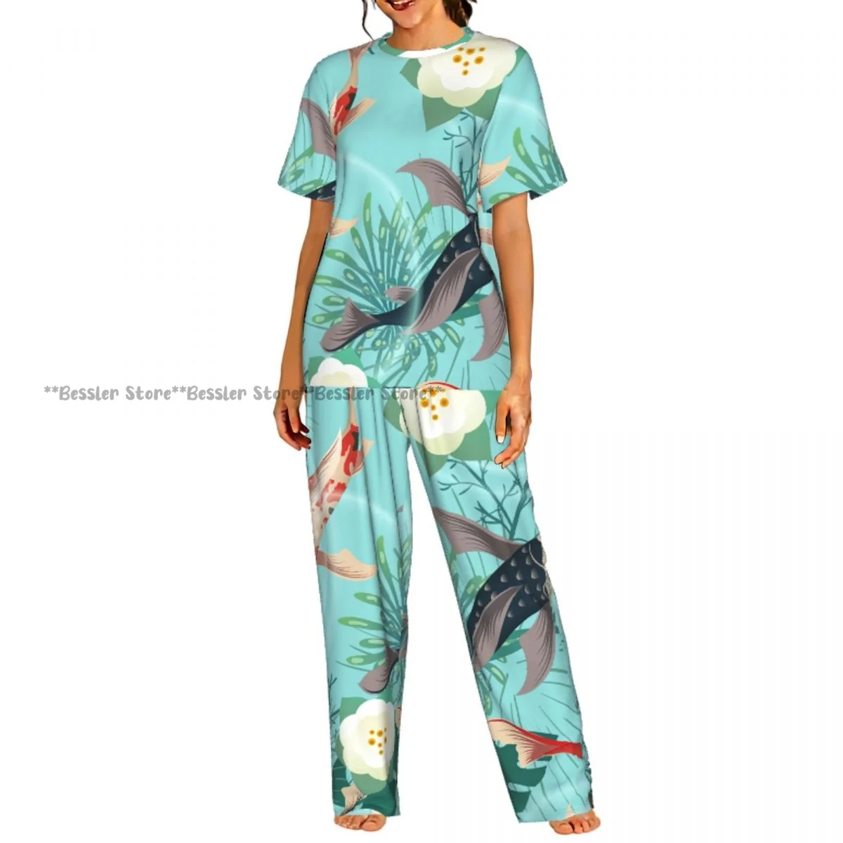 

Комплект пижамы с принтом карпов кои и листьев монстеры, короткий рукав, женская домашняя одежда