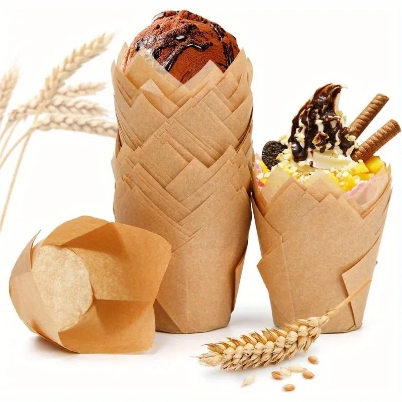 

50/100 шт. одноразовые бумажные стаканчики для торта, три цвета, бумажные стаканчики для торта «тюльпан», подходят для выпечки, держатели для блинов, маслостойкая бумага с подкладкой