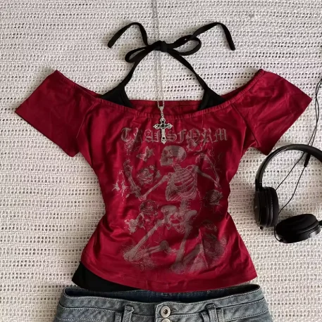 Millennium 2000s Y2k-Chaleco corto estético dulce y sexy para mujer, chaleco informal sin mangas con estampado de anime, traje completo rojo Harajuku Em