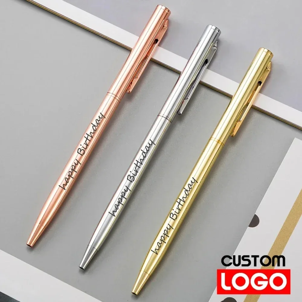 Canetas esferográficas Slim Metal, letras publicitárias, nome gravado, material de escritório escolar, presentes, ouro rosa, logotipo personalizado, novo, 20-200