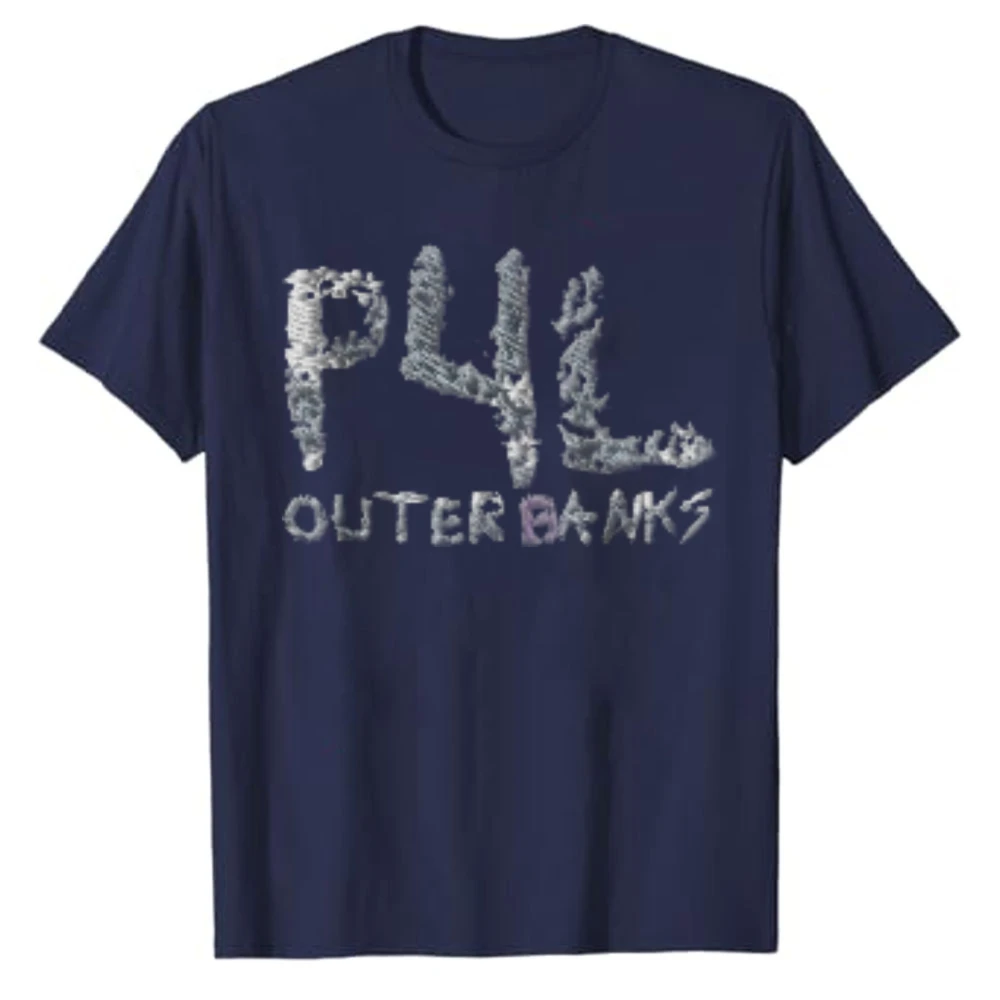 P4L Outer Banks Distressed Graffiti Letter Graphic T‑Shirt Cotton Tees Outer Banks‑Inspired Text Print Coastal Beach Casual Tops