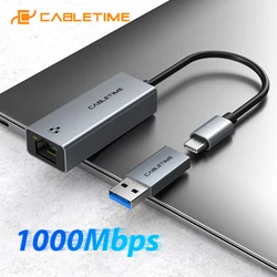 CABLETIME USB C LAN 어댑터, 이더넷 1000Mbps 네트워크, PC 델 레노버 RJ45 어댑터, USB C 네트워크 카드 C361