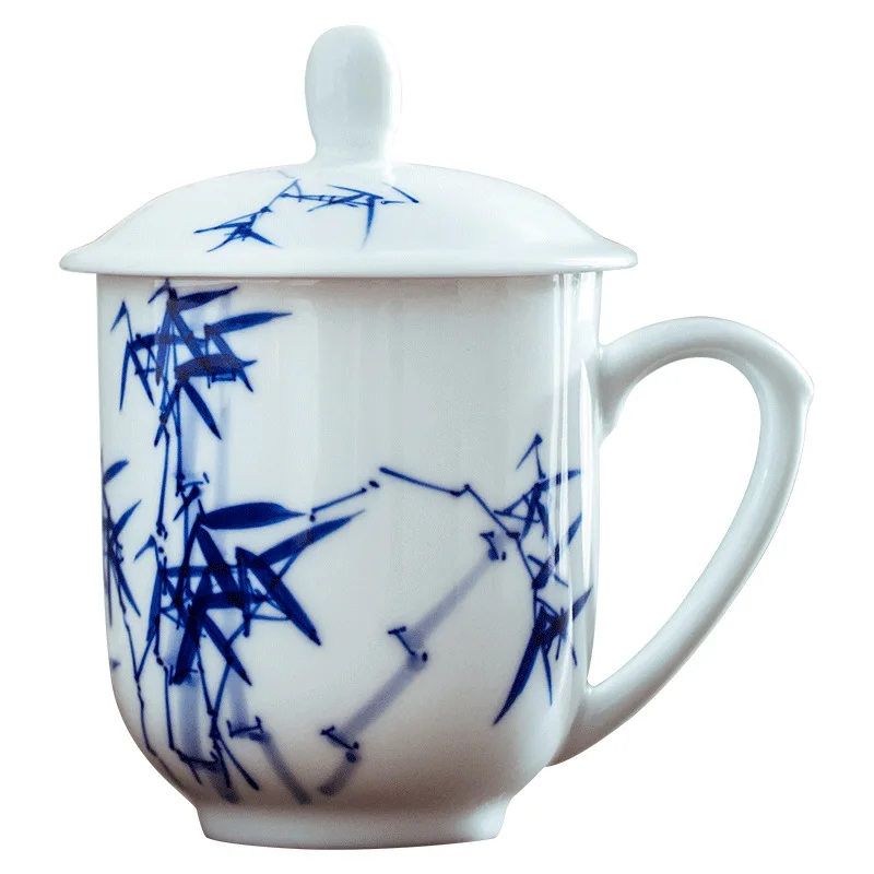

Ceramic teacup, hand-painted underglaze blue and white porcelain, office conference room cup with lid bone china tea