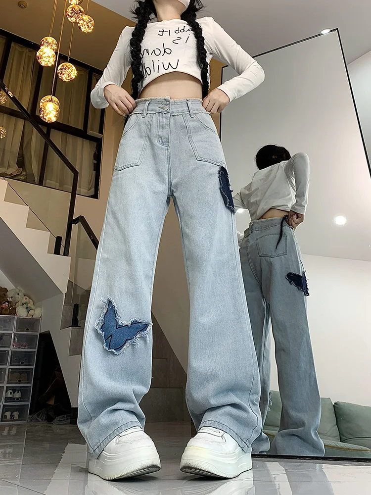 

WCFCX STUDIO Butterfly Patchwork Light Blue Baggy Jeans Women's Vintage Street Style Casual Wide Leg Pant Straight Denim Trouser