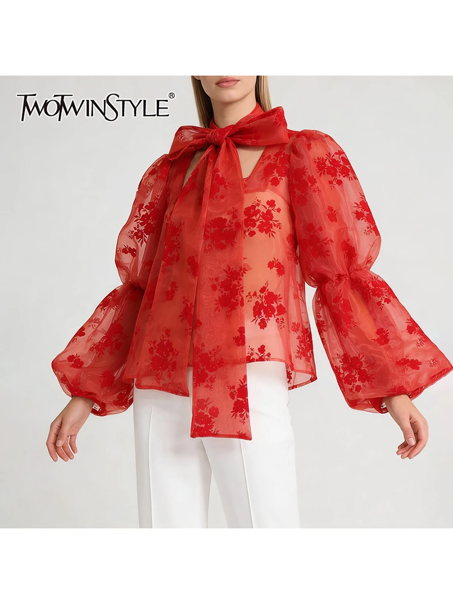 TWOTWINSTYLE Afdrukken Sheer Spliced Strik Fashion Shirts voor Vrouwen Vierkante Hals Lange Mouwen Elegant Shirt Vrouwelijke Kleding Nieuwe