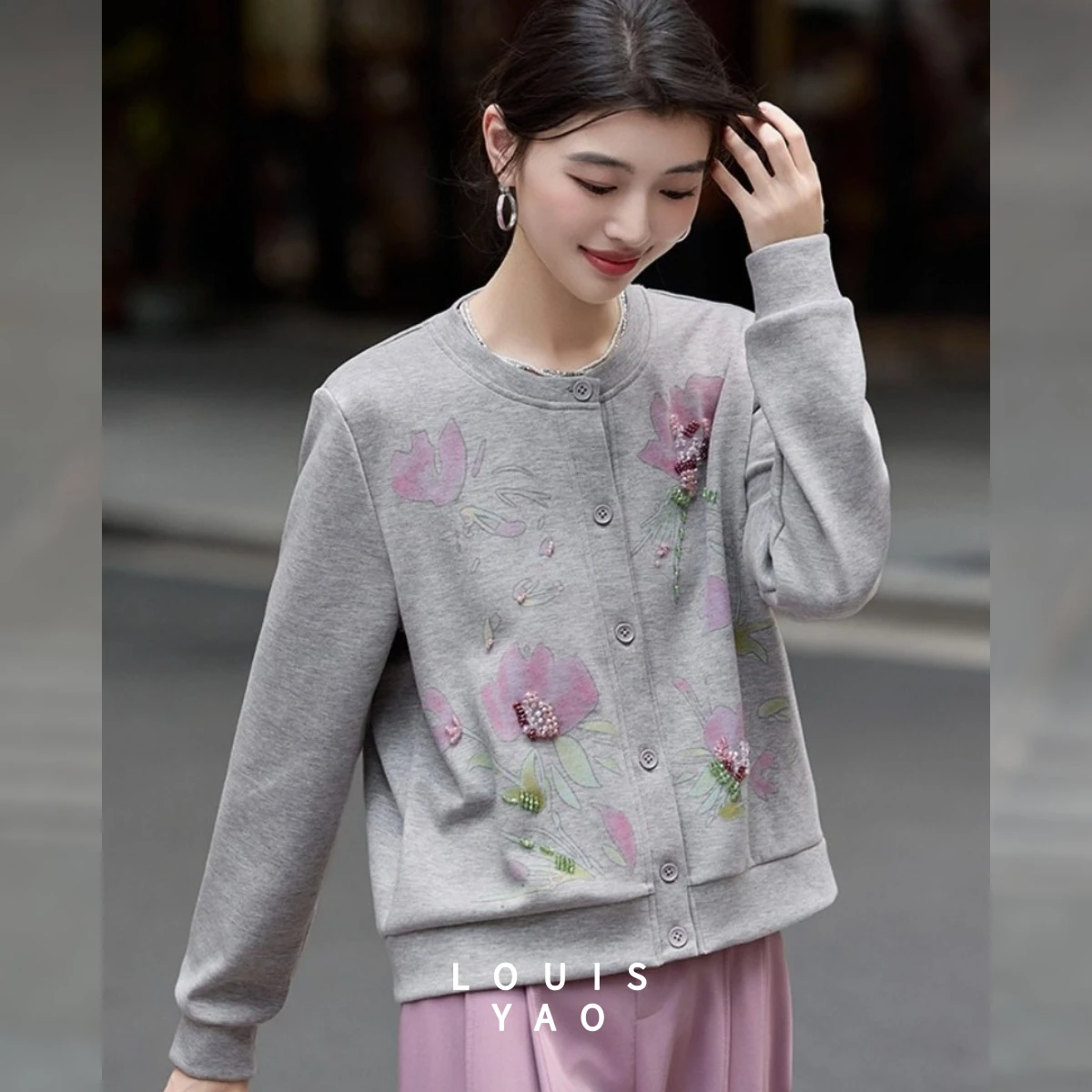 

LOUISYAO Flower Print Beaded Knit Cardigan Women 2025 Autumn Exquisite Premium Crew Neck Knitted Sweater Top Plus Size