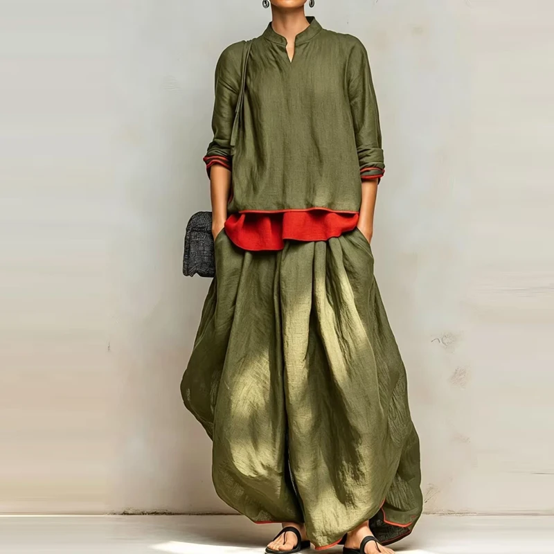 Fashion Loose Pocket Pants Sets Lady High Waist Wide Leg Pants Commute Outfits Casual Long Sleeve Contrast Color Tops&Pants Sets