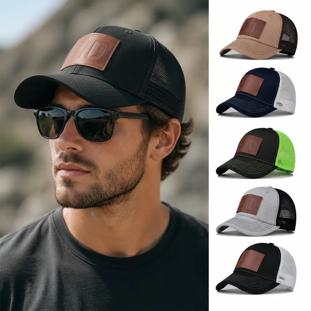 Casual DAD Leather Label Mesh Trucker Hat Curved Brim Breathable Dad Hat Adjustable Baseball Cap Summer Outdoor