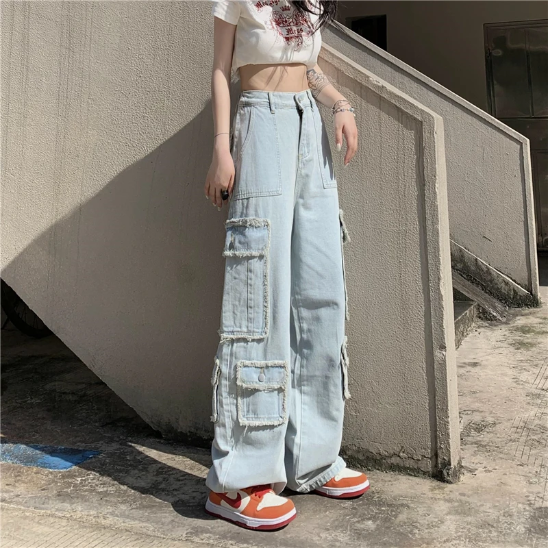 

Vintage Wash Cotton Denim with Pockets High Street Fashion Long Jeans