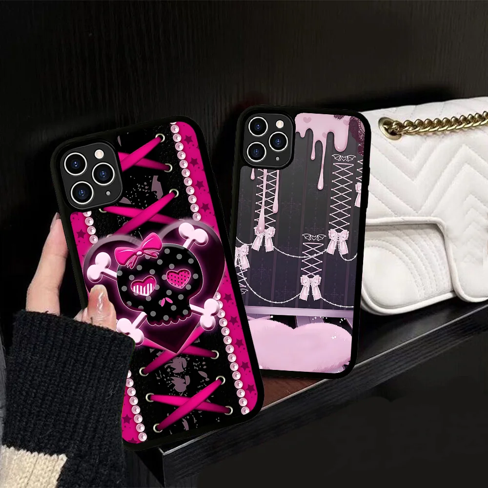 

Black Pink Jirai Kei Fashion Niche Trend Phone Case Silicone PC+TPU For For IPhone 11 12 13 14 15 16 Plus Pro Max Cover