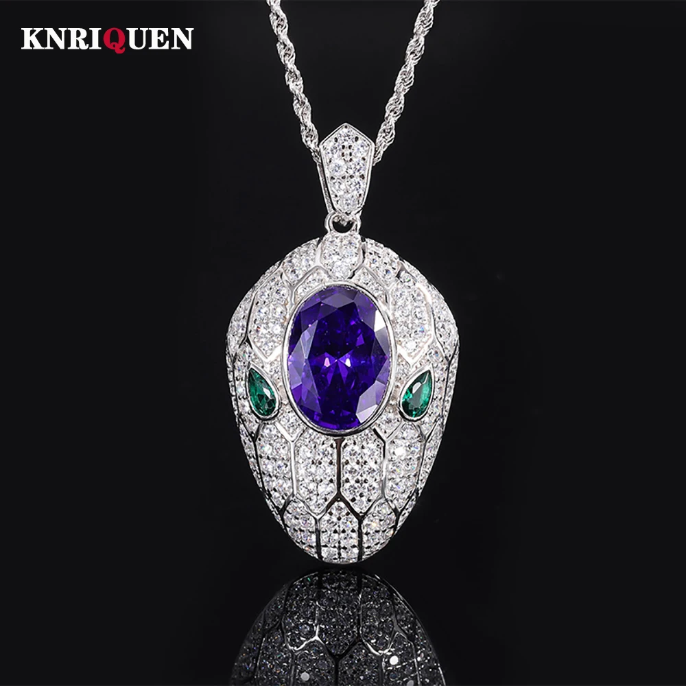 

New Vintage 100% 925 Solid Silver 10*14mm Amethyst Snake's Head Pendant Necklace for Women Wedding Party Fine Jewelry Lady Gift