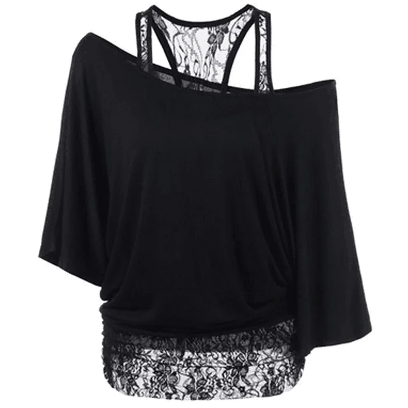 

New Arrival Summer Women Loose Slash Neck Short Sleeve T-Shirts Plus Size 5XL Tees Lace Patchwork Sexy Basic Tops Streetwears