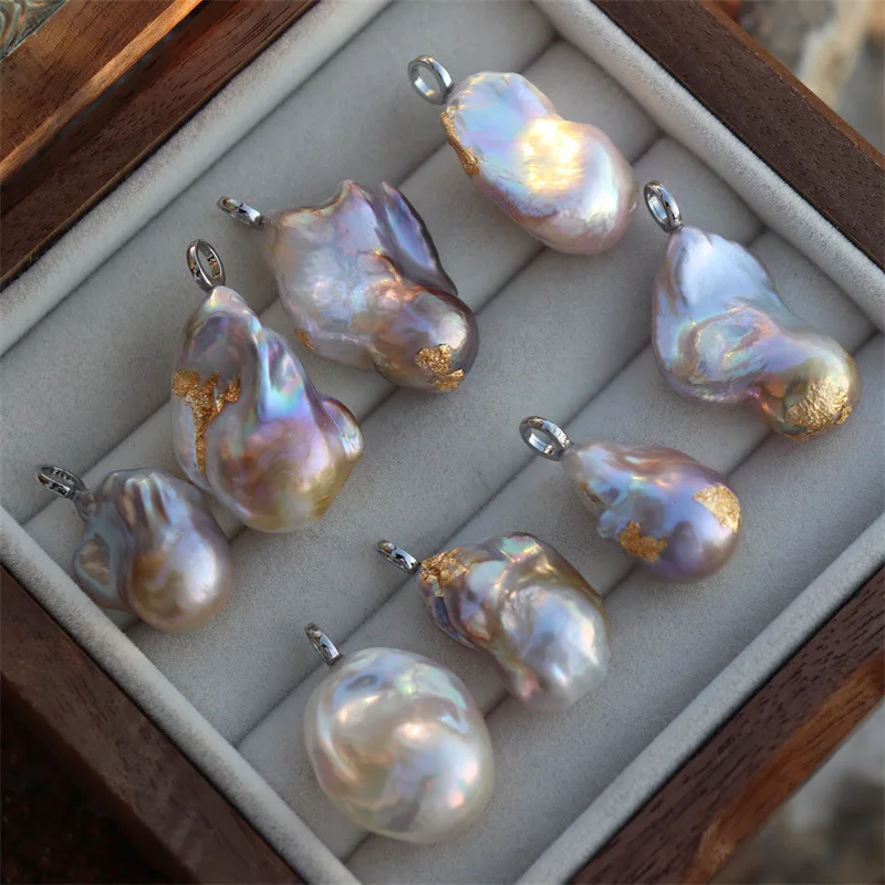 

Новый простой подвеска с крупным барочным пресноводным жемчугом, ручной работы, с золотой фольгой и застежкой из серебра 925 пробы