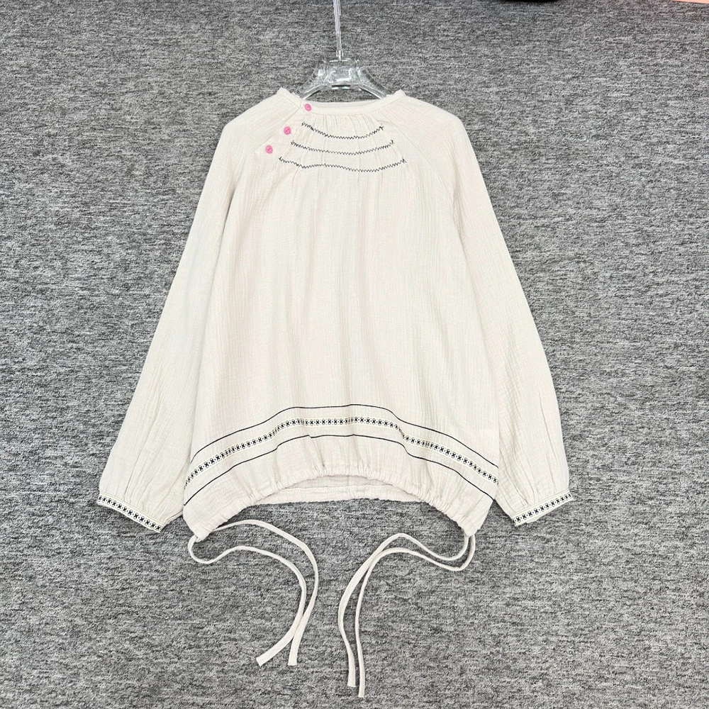 

100% Cotton Wrinkle-Resistant Button-Front Tie-Detail Women's T-Shirt Elegant Commuter Long-Sleeve Tee Top Spring 2026 New Y2k