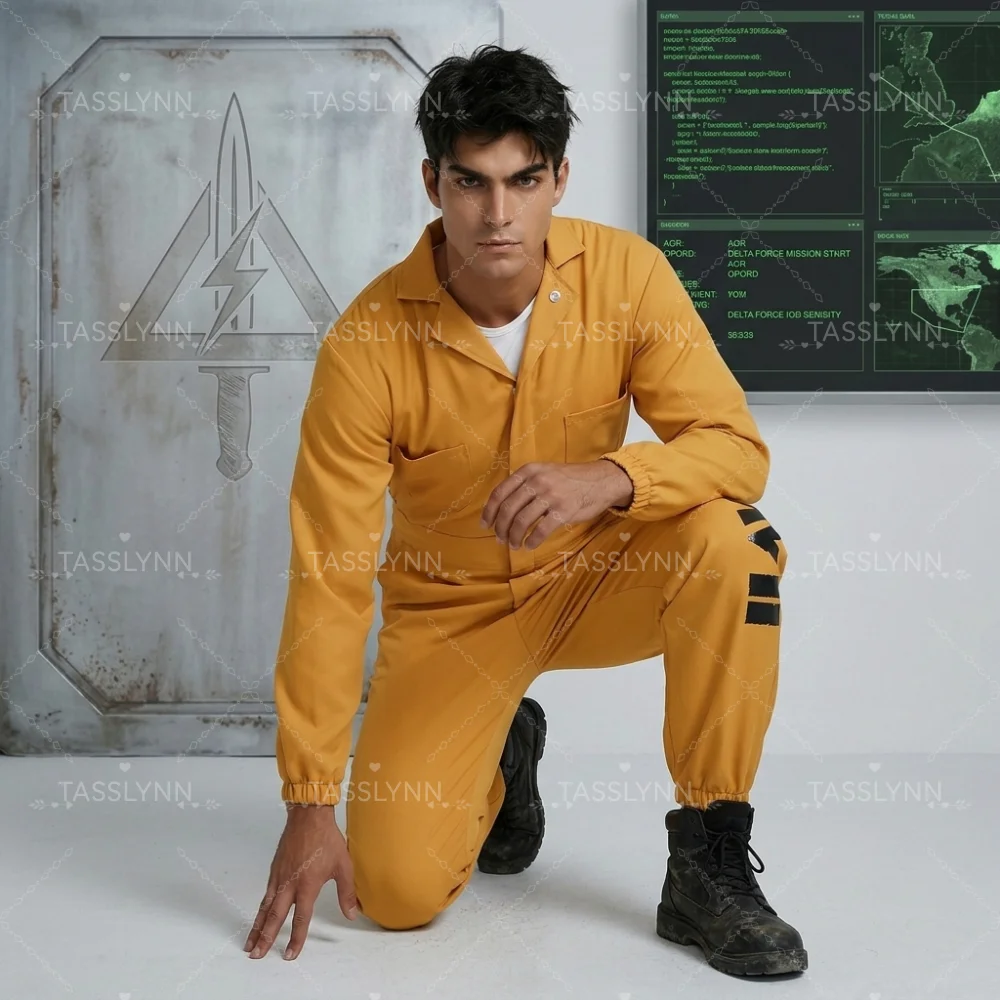 Tidal Prison Inmate Cosplay Yellow Jumpsuit, Lapel Zip Up One Piece Long Sleeve Cuffed Jumpsuit Prisoner Uniform for Theme Party