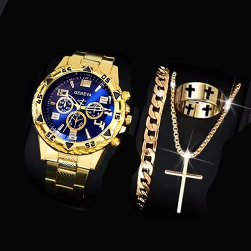 

4PCS/Set Fashion Mens Stainless Steel Watches Luxury Quartz Wristwatch Jewelry Set（Box Not Included ）