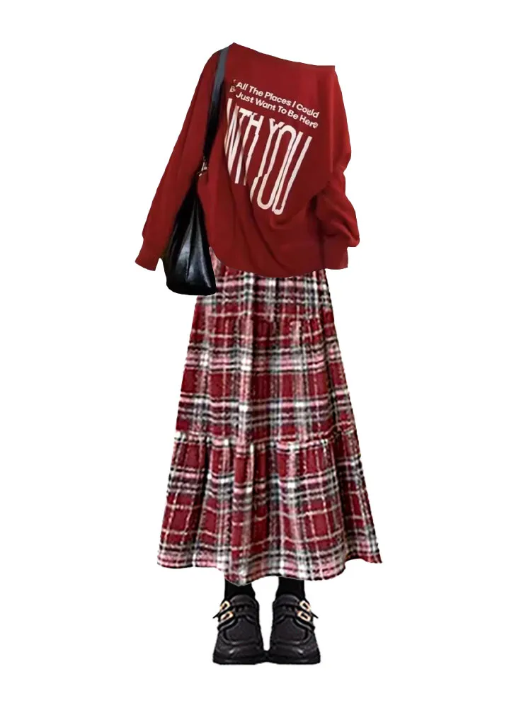 새해 레트로 체크 여성 겨울 플러스 사이즈 슬림핏 상의 하이웨이스트 스커트 레드 컬러 매칭 세트 하이웨이스트 체크 스커트...