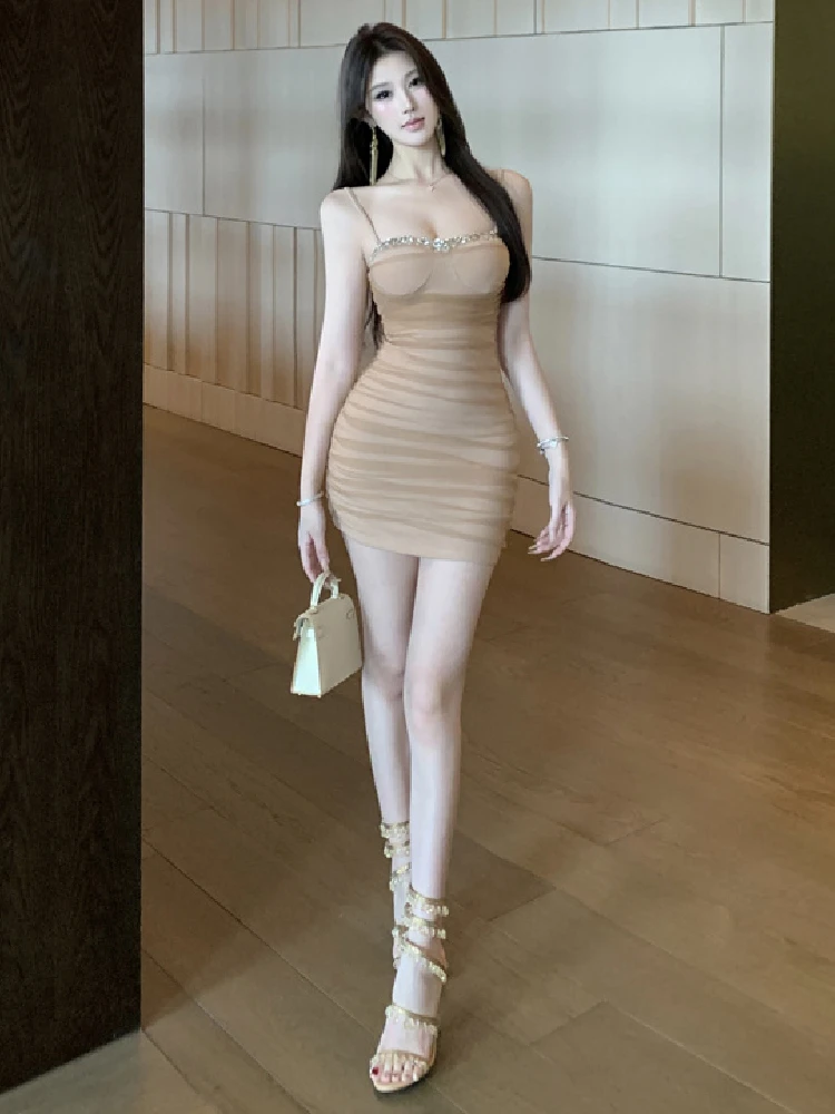 فستان قصير مثير مزين بالألماس بخصر مرتفع وطيات، فستان صدرية فاخر عتيق على شكل حرف H، فستان صيفي بلون واحد #2