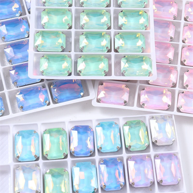 Rectangle Glass Rhinestones with Sliver Claw crystal sew on gemstones decorations for clothes shoes bags needlework