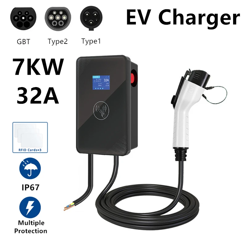 

New EV Charger Type 2 J1772 GBT EVSE Wallbox 32A 7KW IEC62196 1Phase 5m Cable Wallmount Charging Station for Electric Car