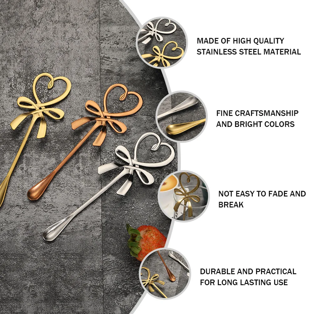 

3pcs Bowknot Spoons Stainless Steel Coffee Spoon Golden Silver Rose Gold 304 Material Kitchen Bar Dessert Serving Ice Cream Long