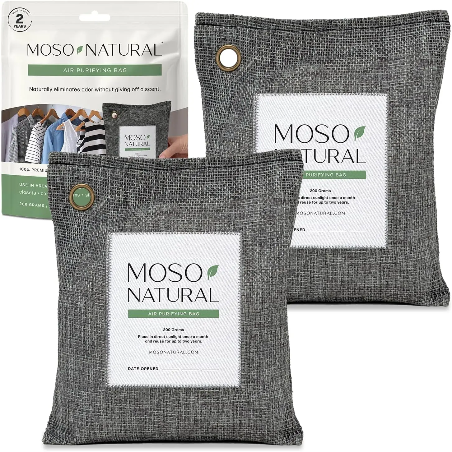 

Natural Bamboo Charcoal Air Purifying Bags 200g (2 Pack) for Closet, Car, Bathroom Odor Absorber