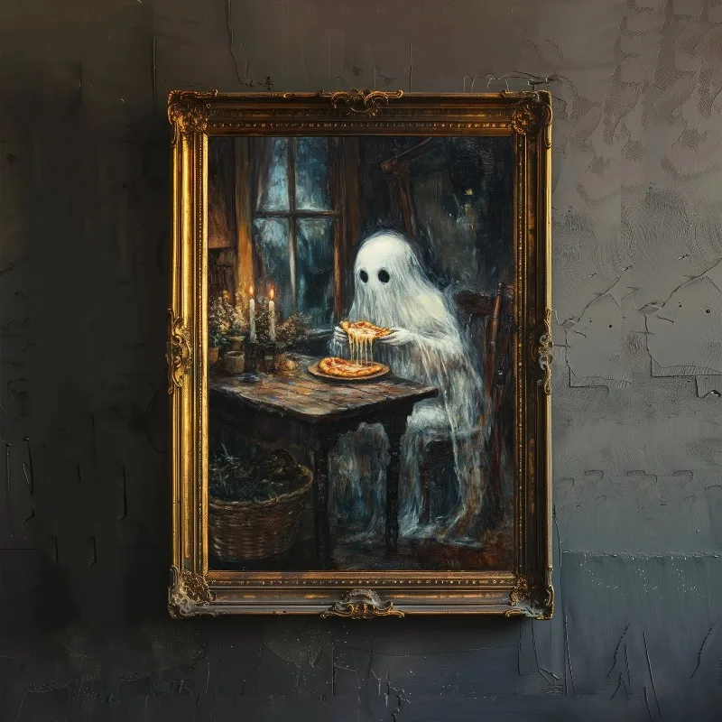 Ghost Eating Pizza Rustic Dim Room Candle Window Halloween Canvas Poster Prints Frameless Wall Art Quirky Moody Decorations